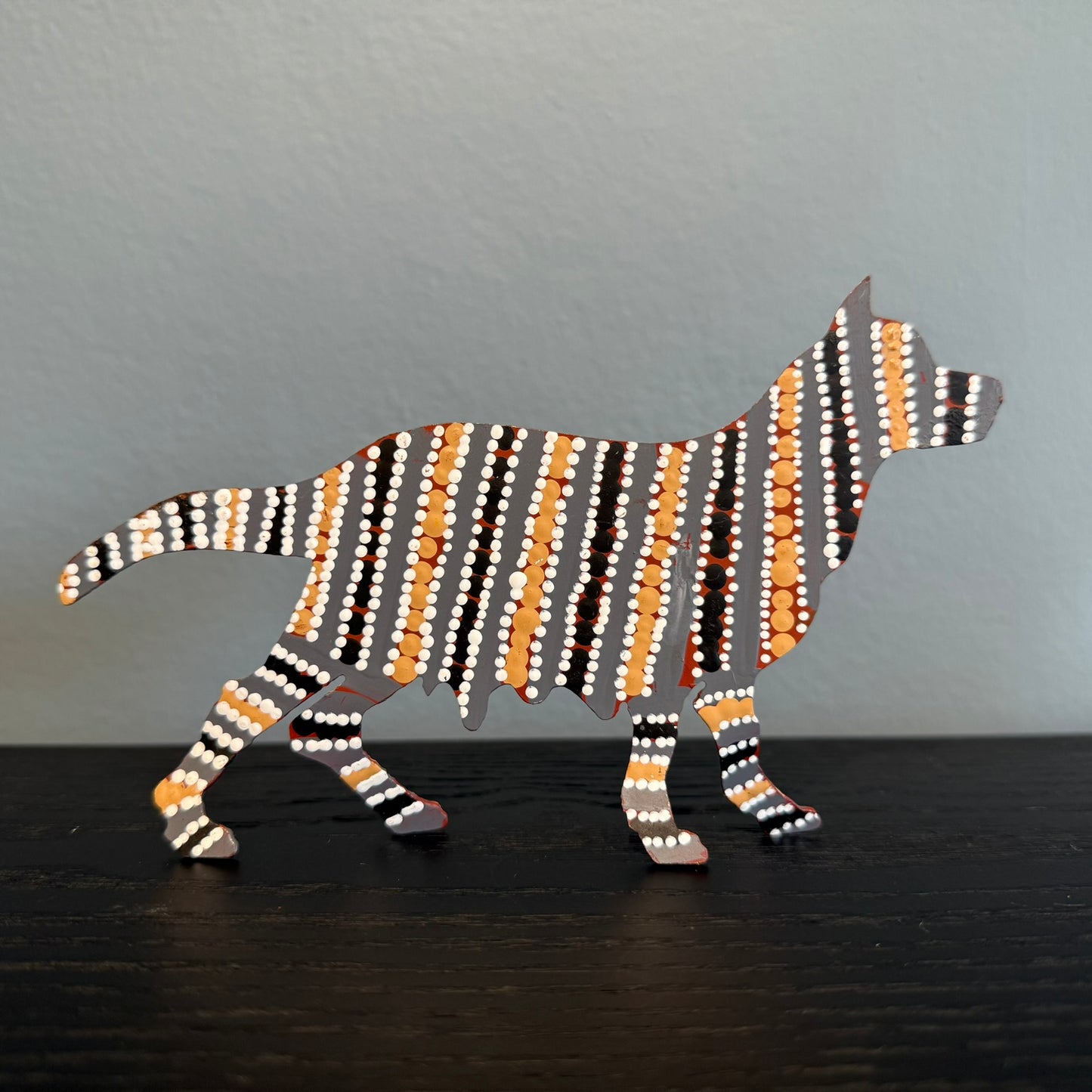 Steel Dog Artwork: Mitchin, black, blue and ocre stripes with white dots
