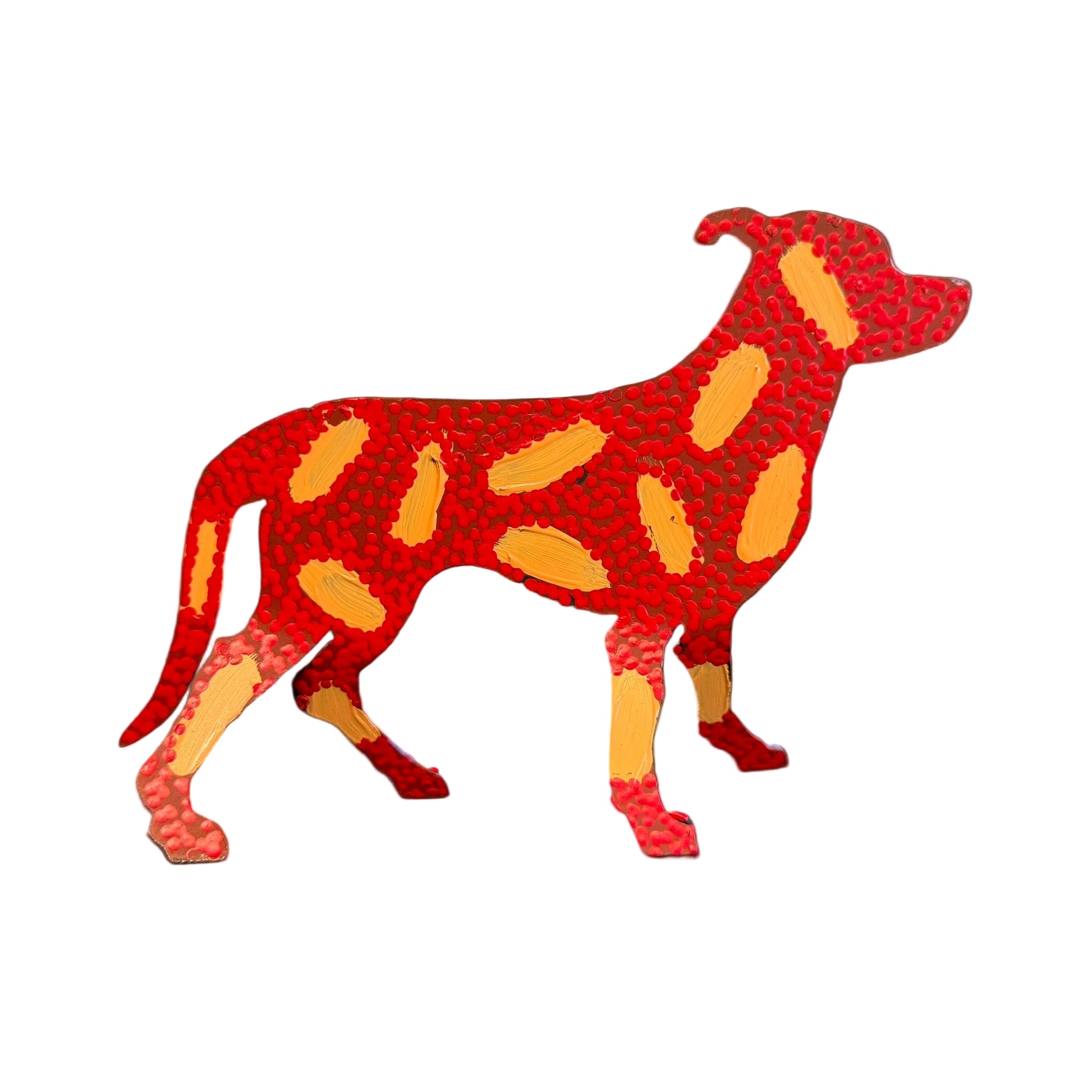 Steel Dog Artwork: Alistair, crimson, red dots and ocre brushstrokes