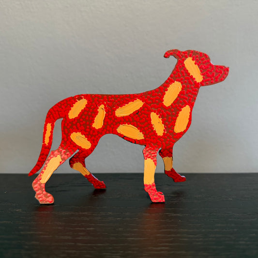 Steel Dog Artwork: Alistair, crimson, red dots and ocre brushstrokes