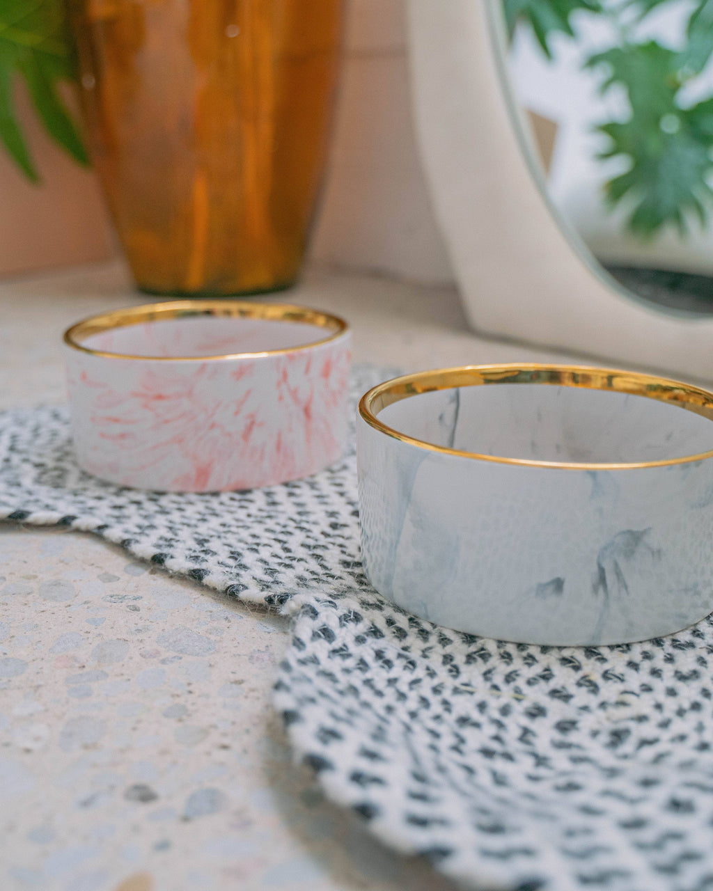 Grey Marble Dog Bowl with Gold Accent