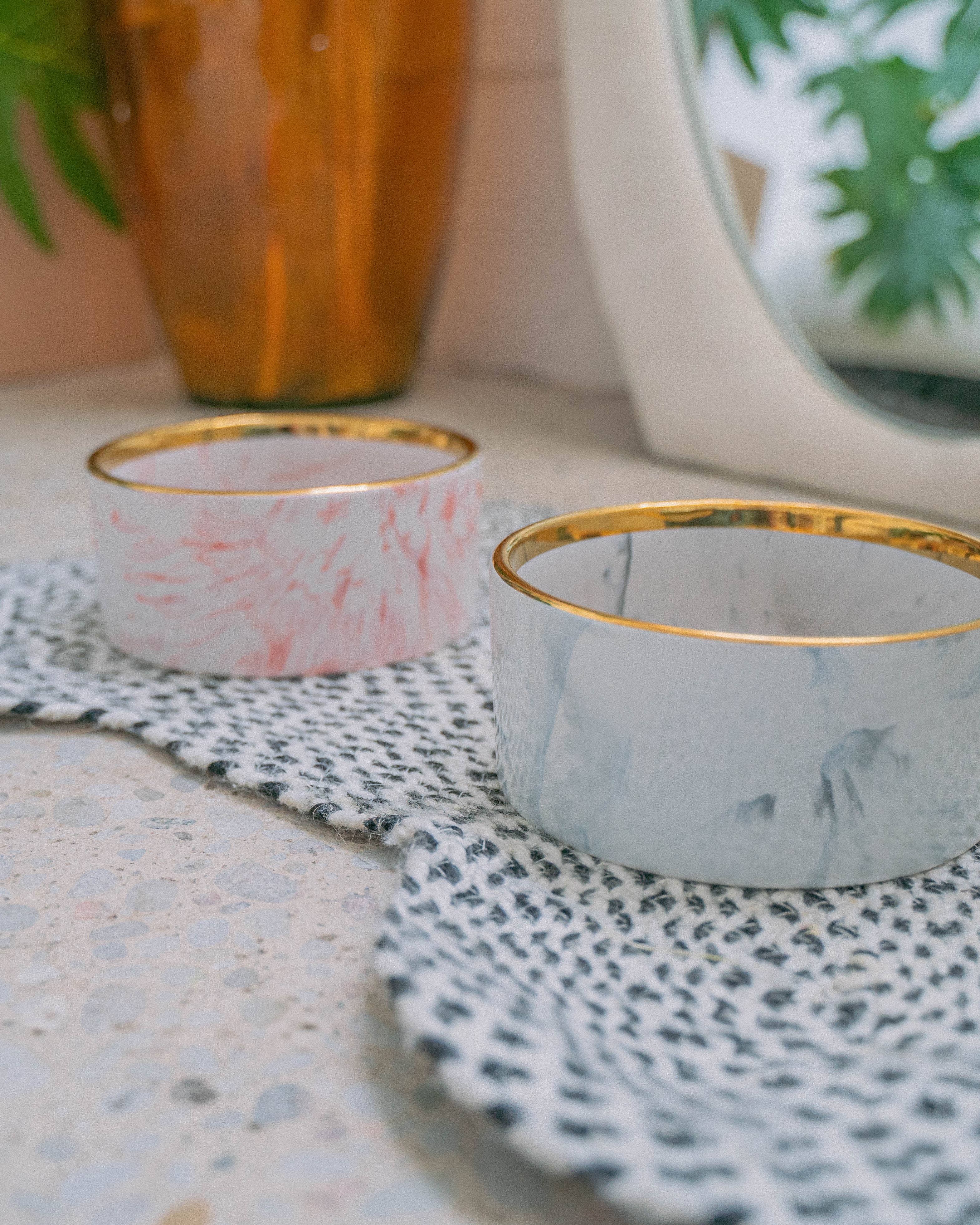 Grey Marble Dog Bowl with Gold Accent