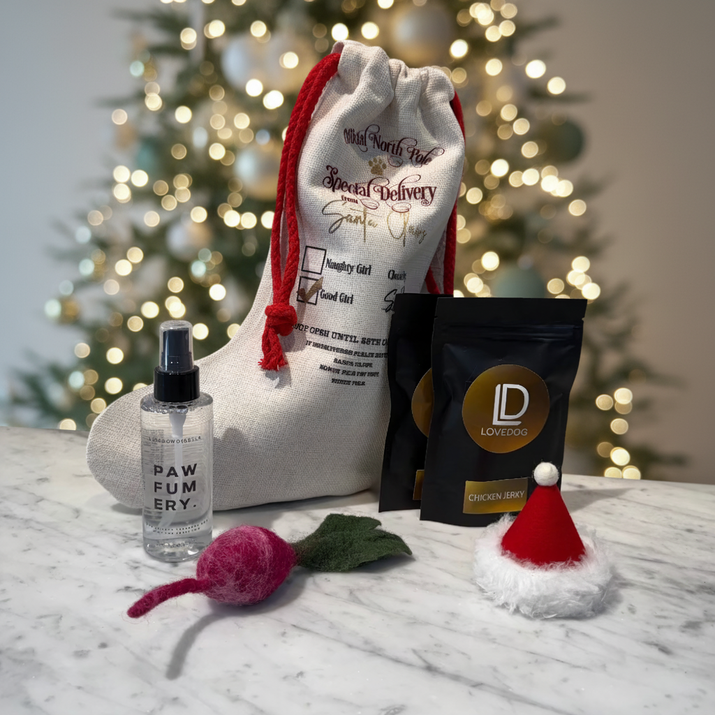 Dog-themed gift set with a Christmas tree in the background