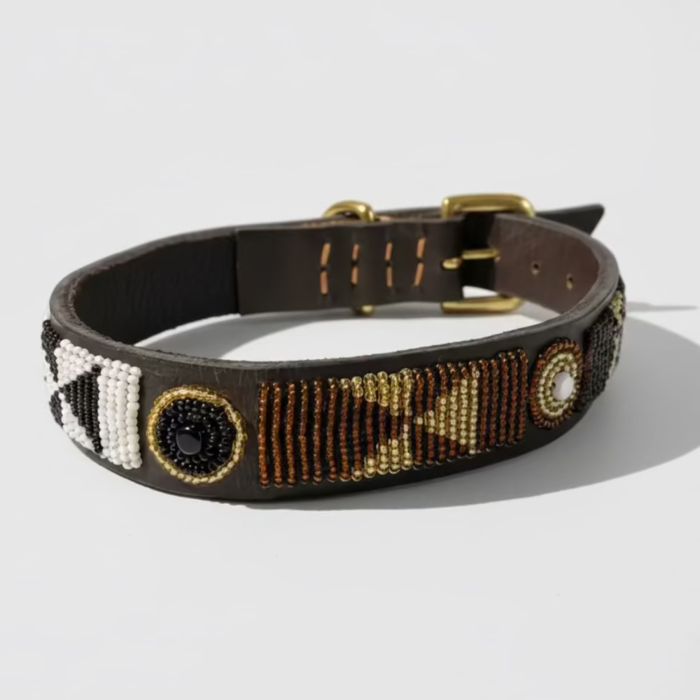 LOVEDOG Beaded Collar Gold/Brown/White (Size M)