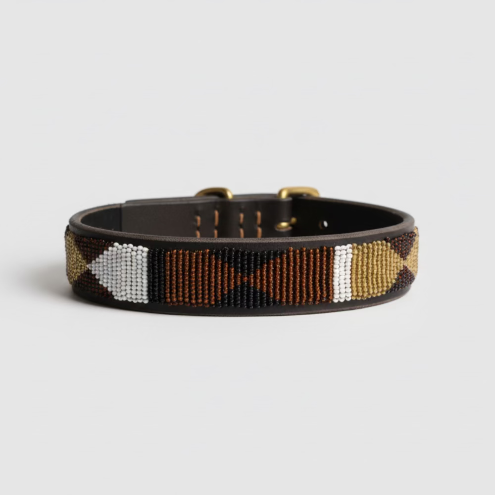 LOVEDOG Beaded Collar Brown/Gold/White (Size M)