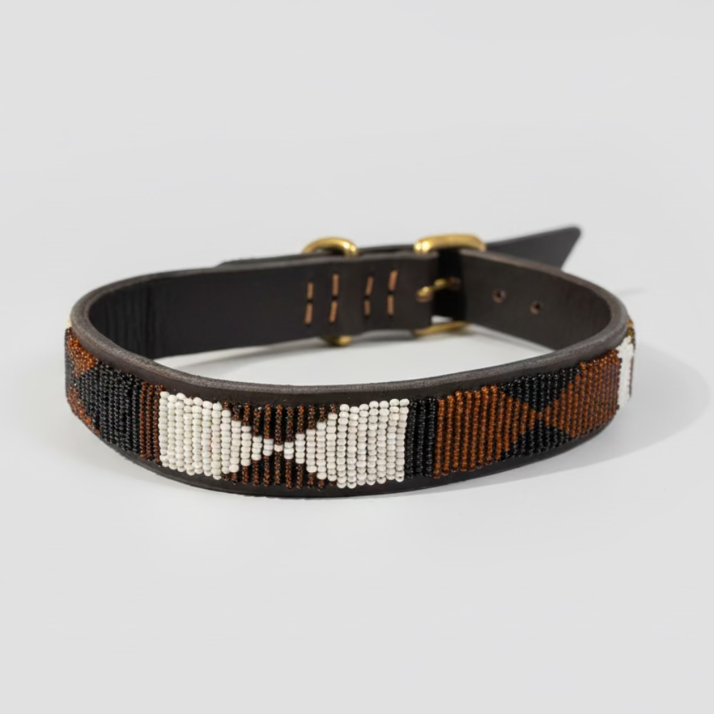 LOVEDOG Beaded Collar Brown/Gold/White (Size M)