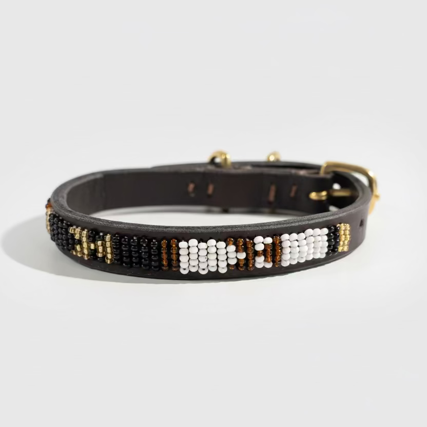 LOVEDOG Beaded Collar White/Black/Brown (Size XS)