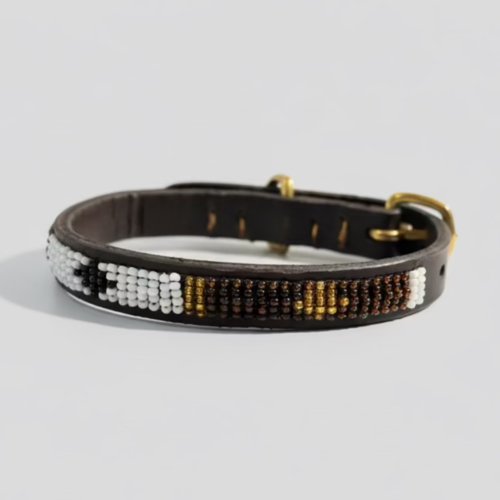 LOVEDOG Beaded Collar Brown/White/Gold (Size XS)