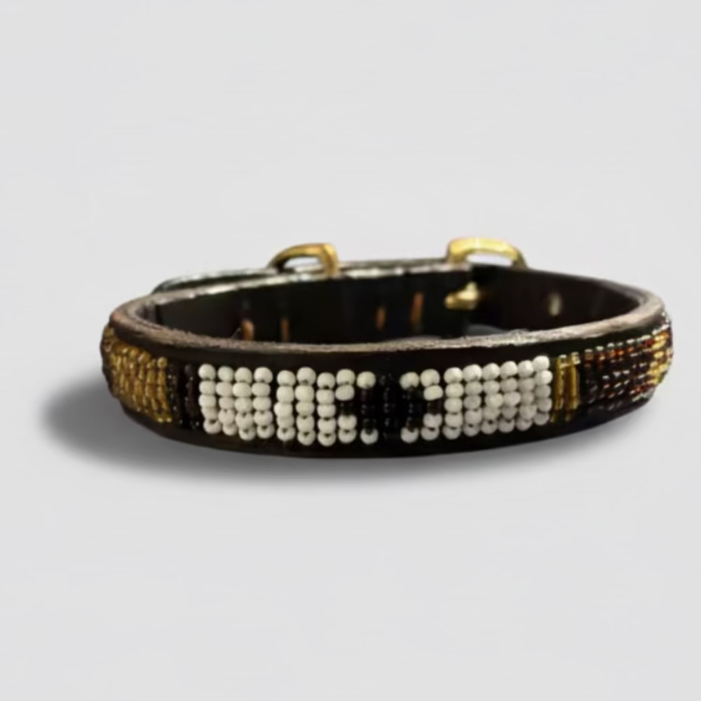 LOVEDOG Beaded Collar Brown/White/Gold (Size XS)
