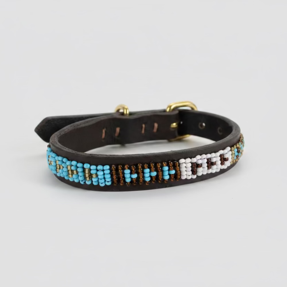 LOVEDOG Beaded Collar Blue/White/Gold (Size XS)