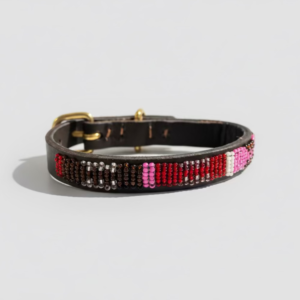 LOVEDOG Beaded Collar Brown/Red/Pink/Silver (Size XS)