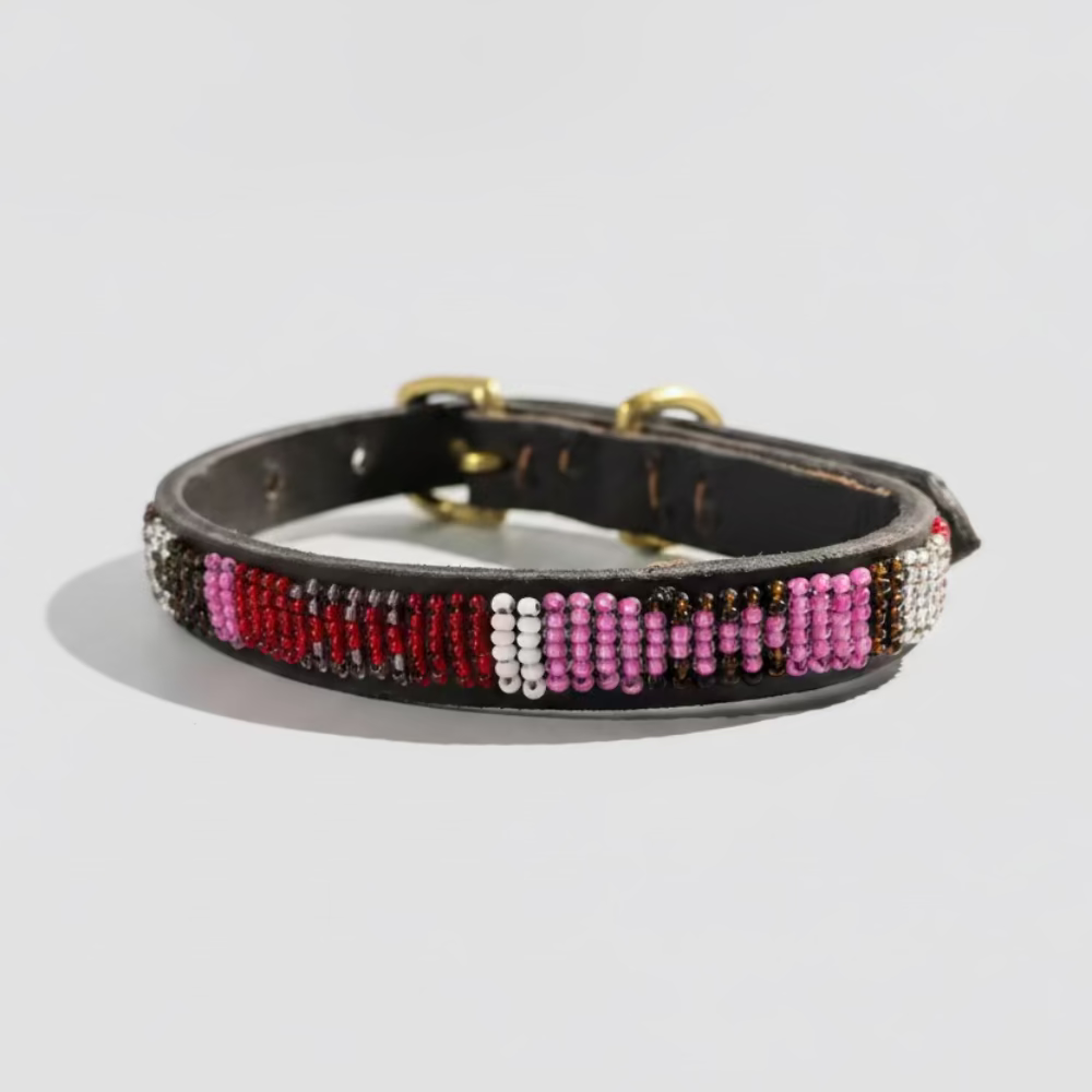 LOVEDOG Beaded Collar Brown/Red/Pink/Silver (Size XS)