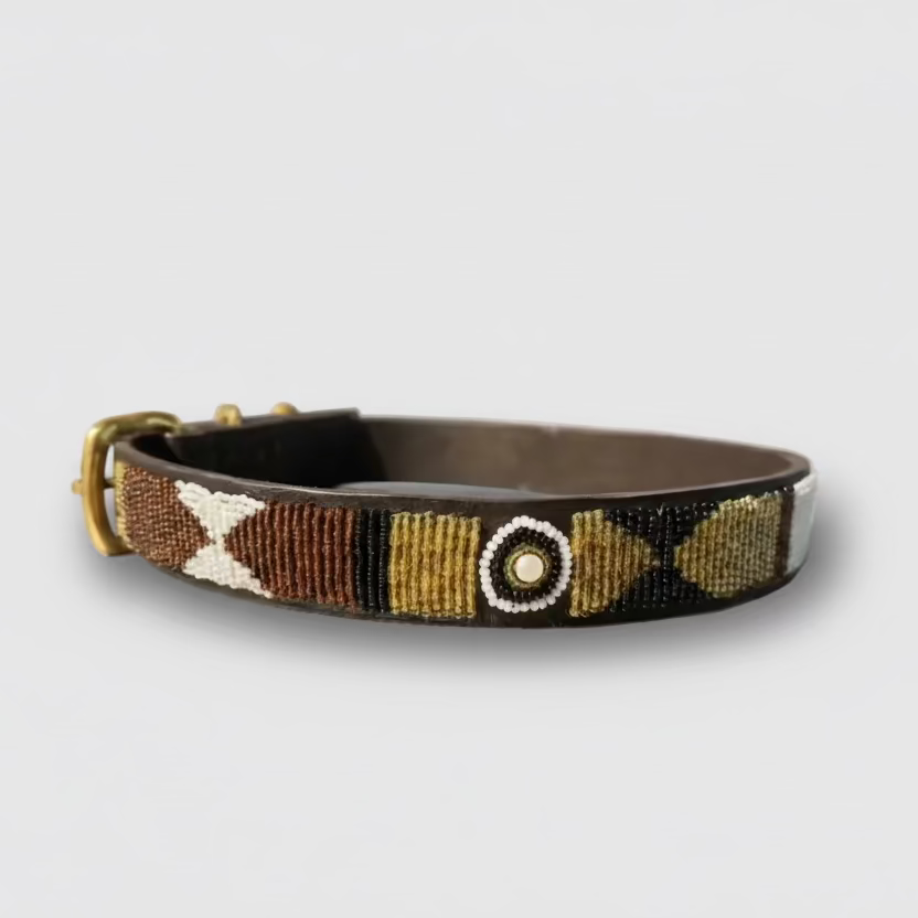 LOVEDOG Beaded Collar White/Brown/Gold (Size L)