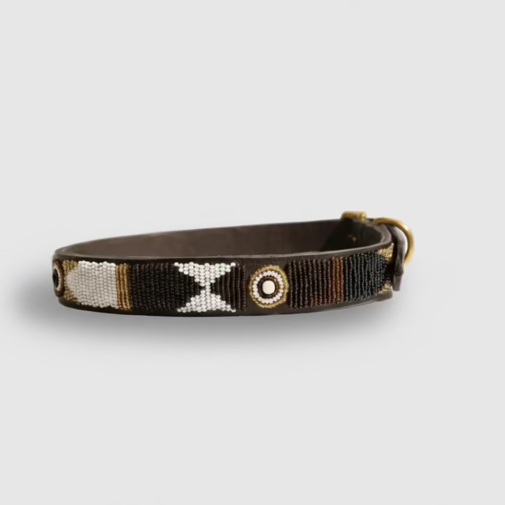 LOVEDOG Beaded Collar White/Brown/Gold (Size L)