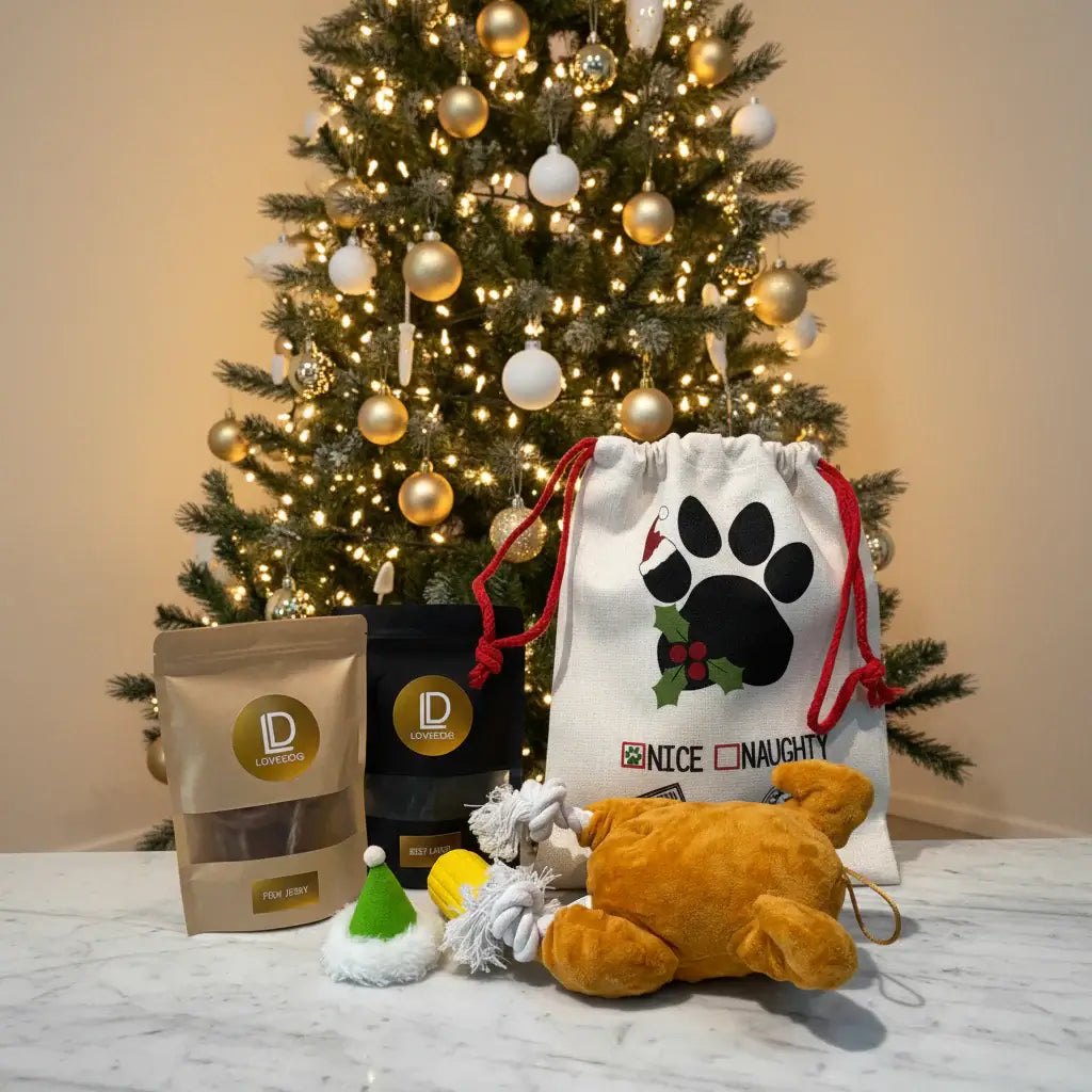 Dog-themed gift set with a 'Nice or Naughty' bag, treats, and toys in front of a decorated Christmas tree.
