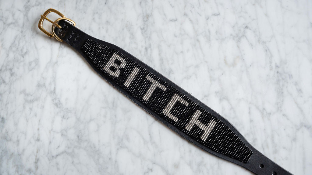 LOVEDOG B*TCH Collar Black Bead Silver Letters - Wide