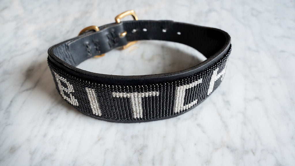 LOVEDOG B*TCH Collar Black Bead Silver Letters - Wide