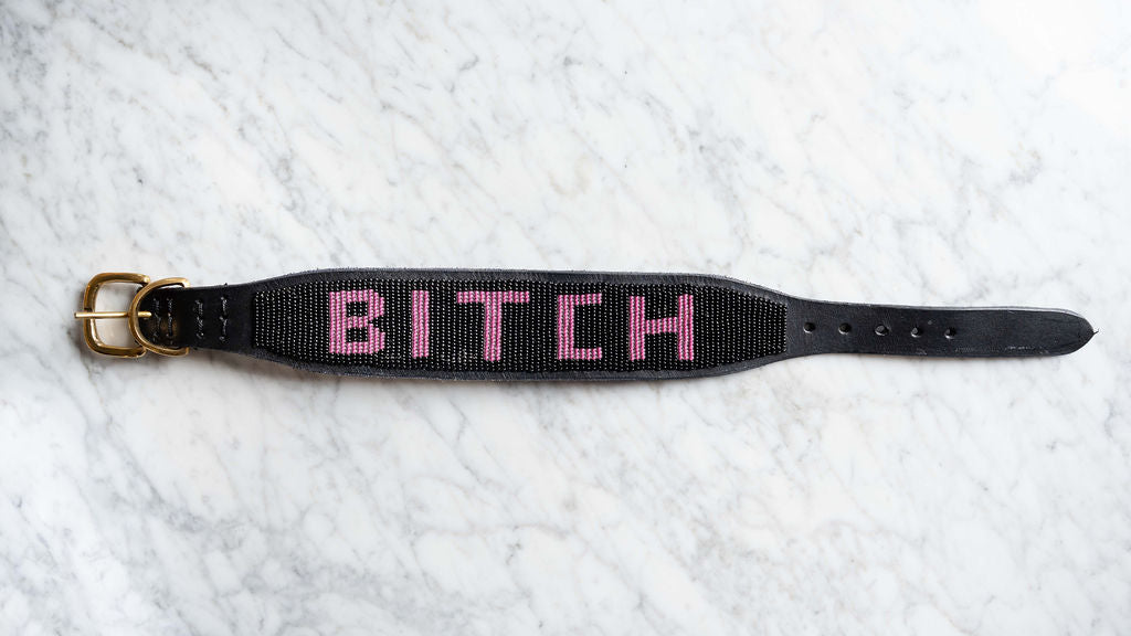 LOVEDOG B*TCH Collar Black Bead Pink Letters - Wide