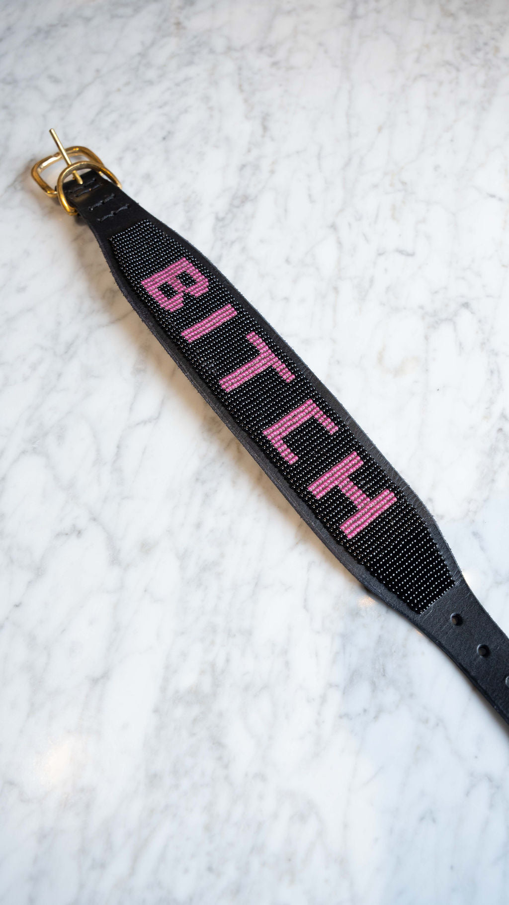 LOVEDOG B*TCH Collar Black Bead Pink Letters - Wide