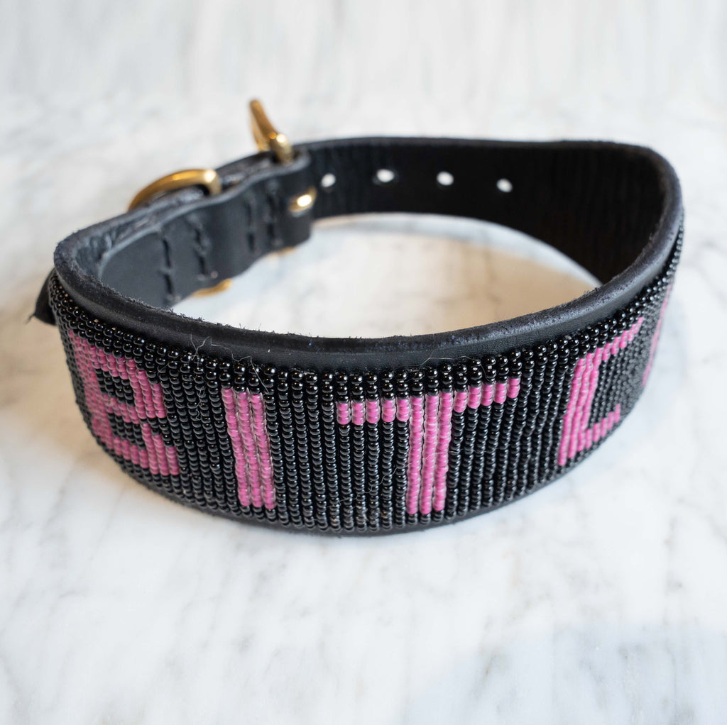 LOVEDOG B*TCH Collar Black Bead Pink Letters - Wide