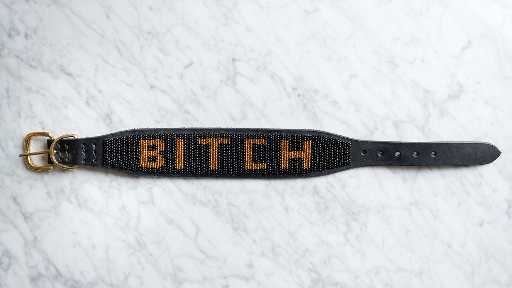 LOVEDOG B*TCH Collar Black Bead Gold Letters - Wide