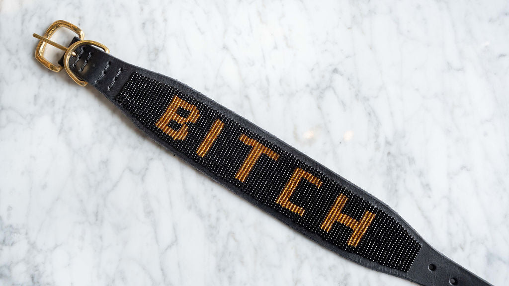 LOVEDOG B*TCH Collar Black Bead Gold Letters - Wide
