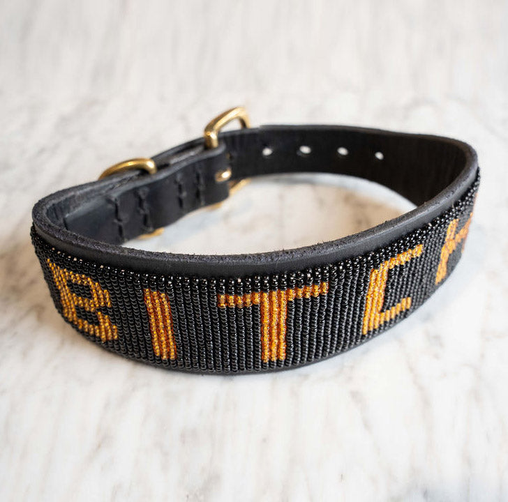 LOVEDOG B*TCH Collar Black Bead Gold Letters - Wide