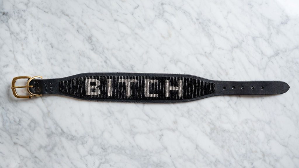 LOVEDOG B*TCH Collar Black Bead Silver Letters - Wide