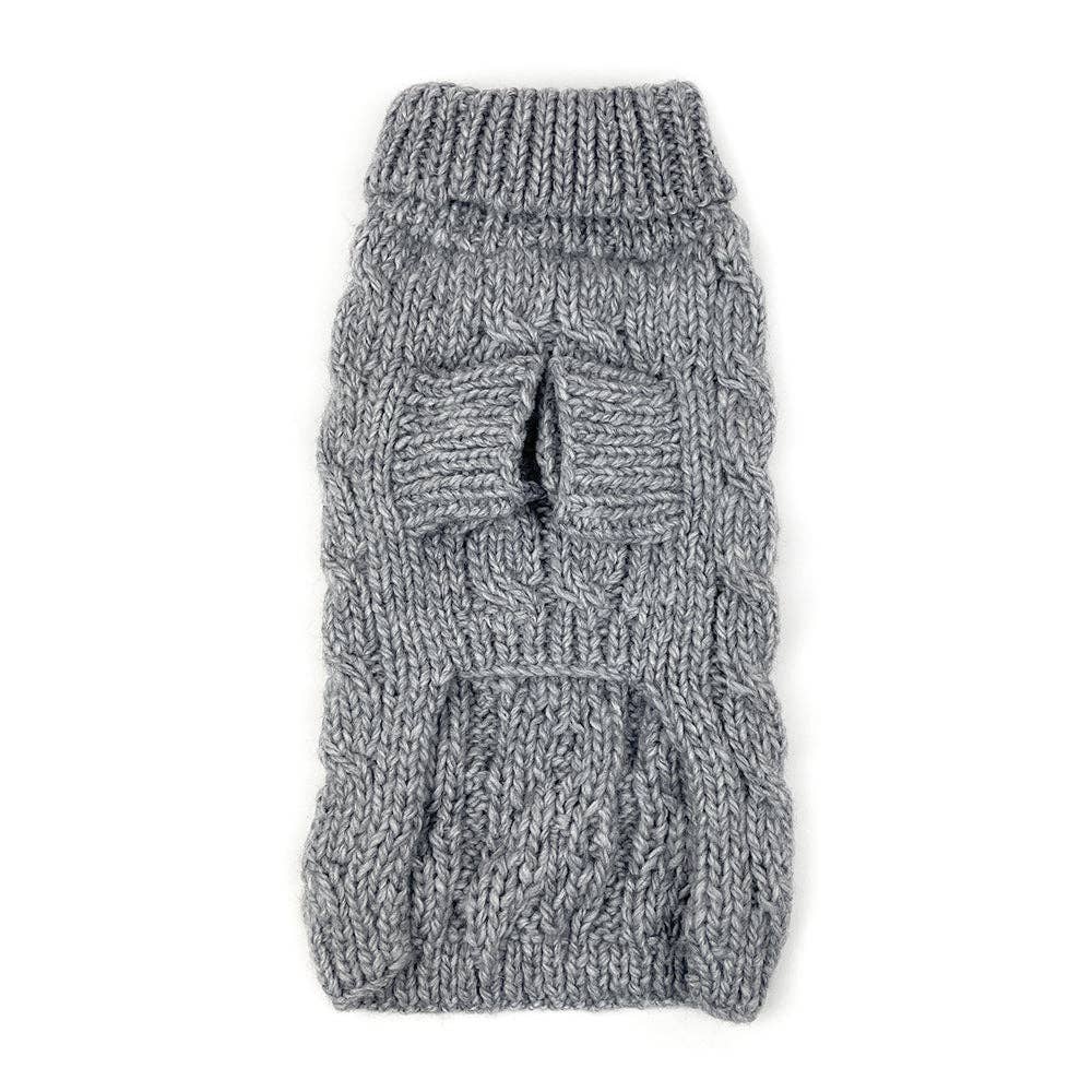 Cable Knit Dog Sweater with Pom Pom - Grey